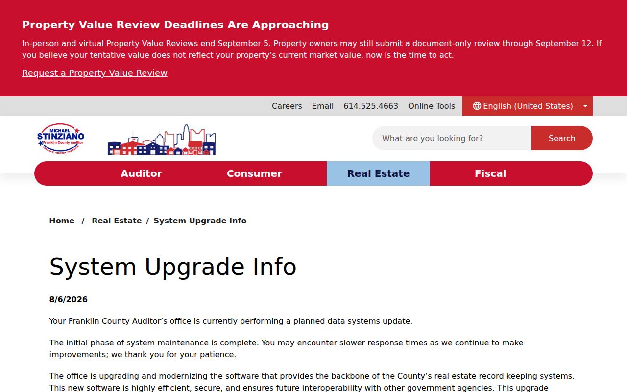 Columbus residents directory Franklin County Auditor system upgrade notice