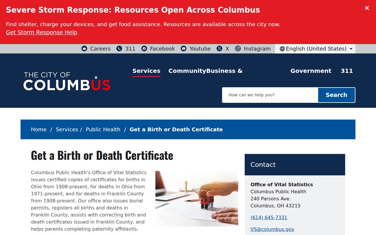 Columbus residents directory public health vital certificate information
