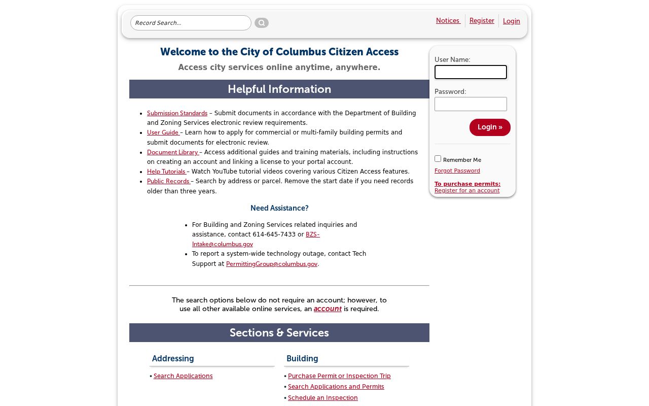 Columbus residents directory Citizen Access permit records search
