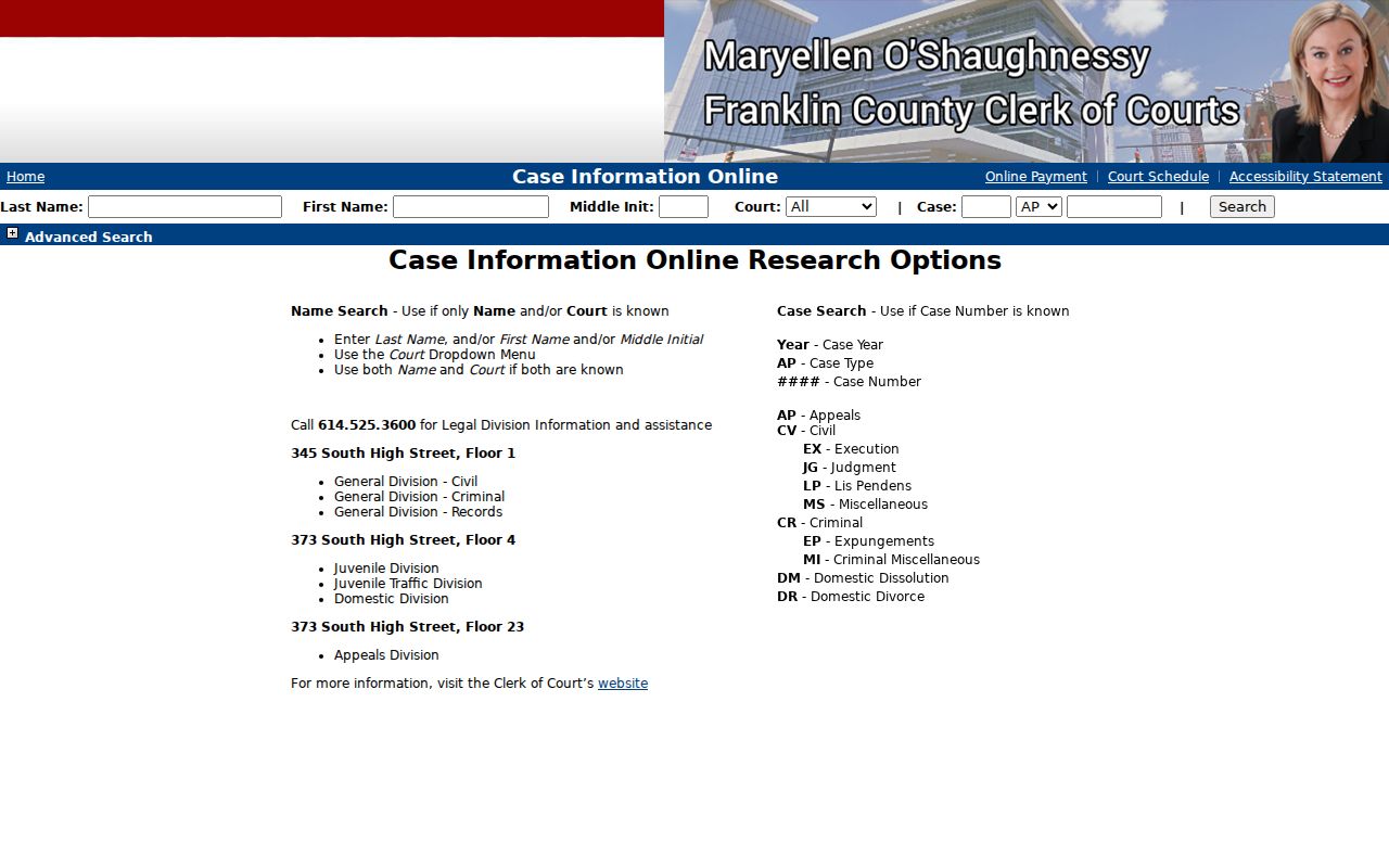 Columbus residents directory Franklin County Clerk CIO case search