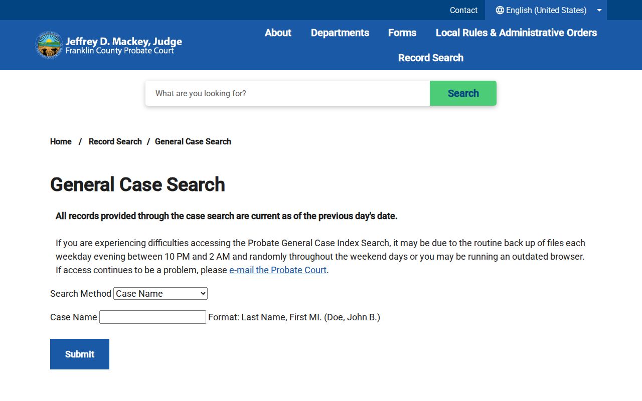 Columbus resident lookup Franklin County Probate case search