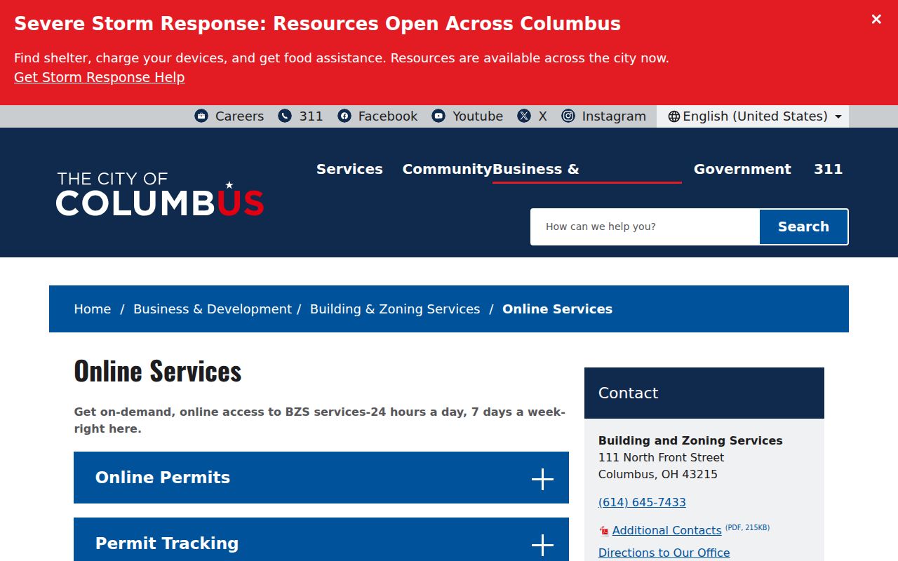 Columbus street directory Building and Zoning online services page