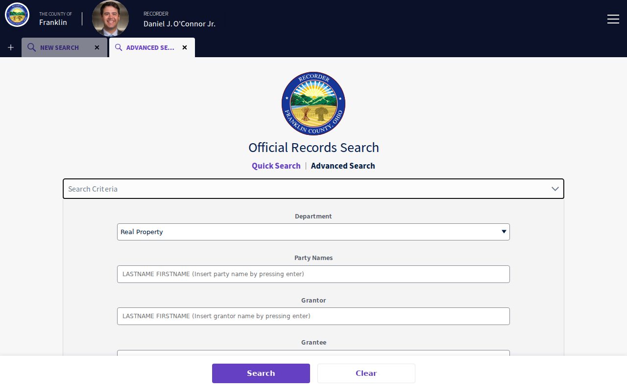 Columbus street directory Franklin County Recorder advanced search fields