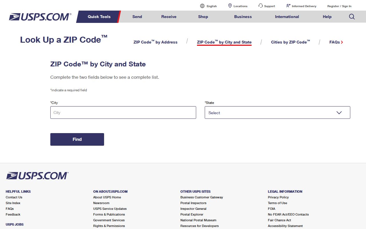 Columbus ZIP code directory USPS ZIP Lookup search screen